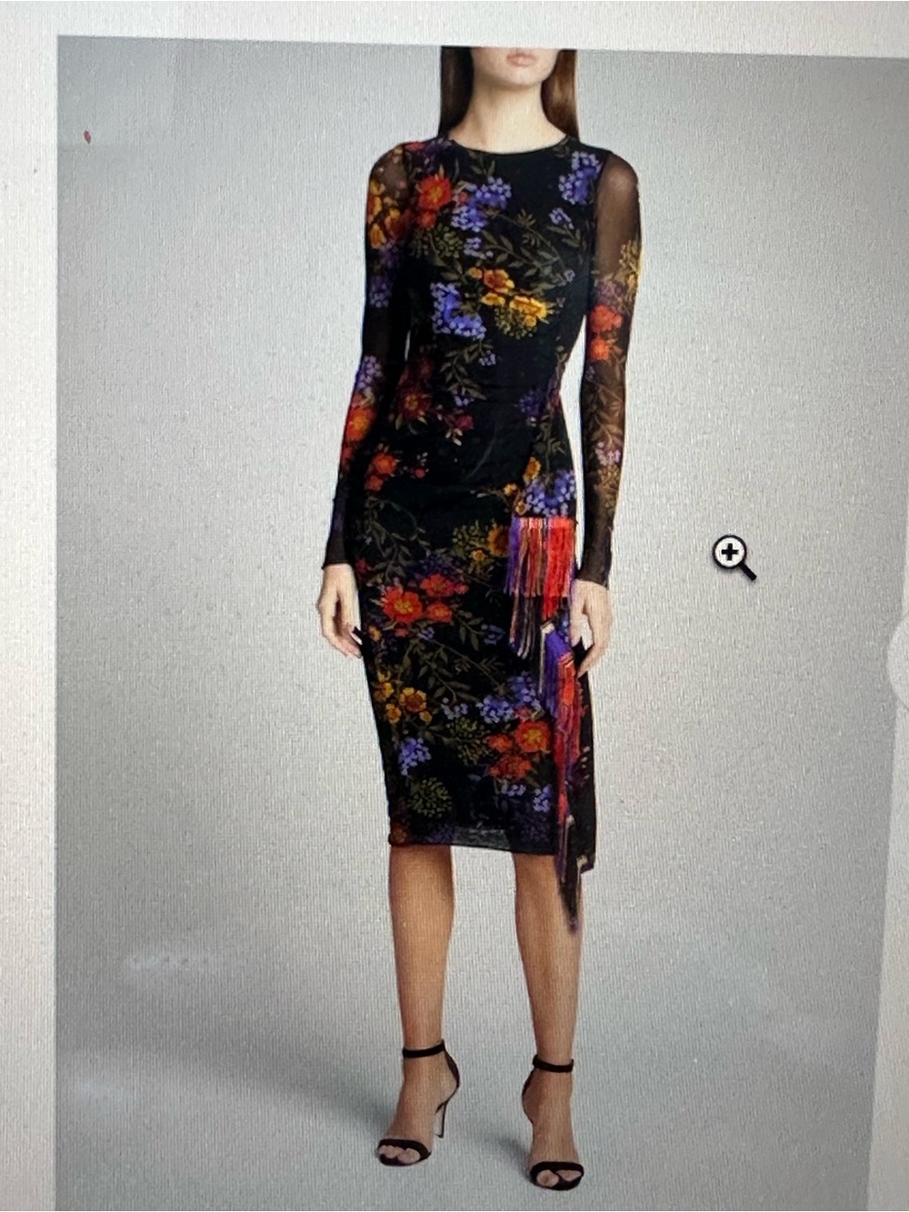 Black Floral Long-Sleeve Midi Dress with Purple & Red Blooms